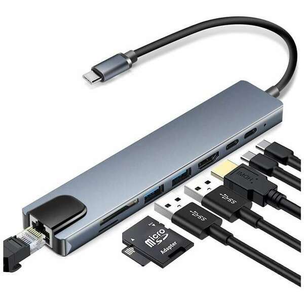 LINKOM Adapter-konvertor TIP C na HDMI+2xUSB3.0+TF/SD+2xTIP C+RJ45