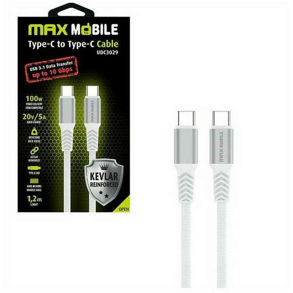MAX MOBILE DATA KABL TYPE C-TYPE C UDC3029 KEVLAR WHITE 3.1Gen.100W 5A 1.2m