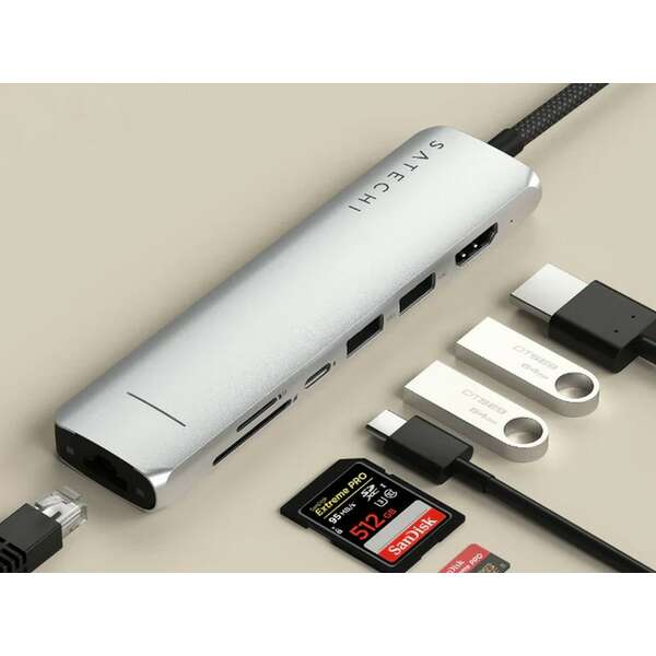 SATECHI 7-in-1 USB-C Slim Multiport Adapter with Ethernet Silver ST-P7SS HUB