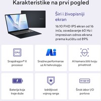 ASUS Vivobook 16 X1607QA-MB006W, 16 inca WUXGA, Snapdragon X X1 26 100 Processor, 16GB, SSD 512GB, Win11 Home