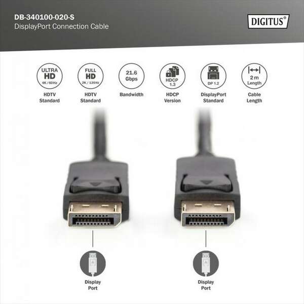 DIGITUS Kabl Display port na Display port 1.2 4K 2m crni