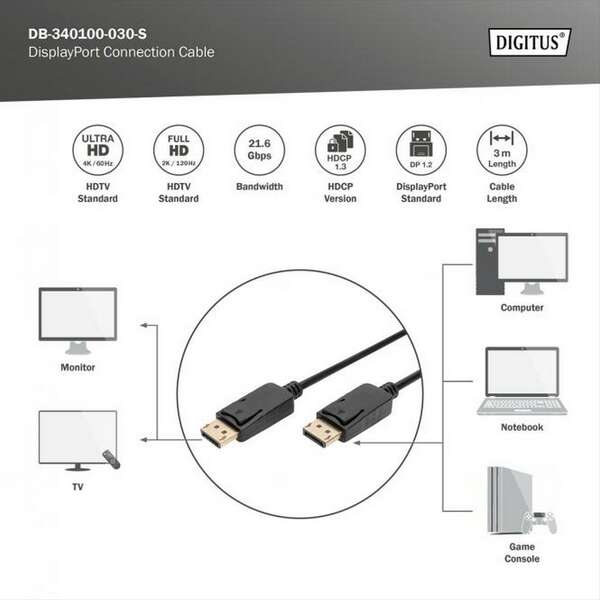 DIGITUS Kabl Display port na Display port 1.2 4K 3m crni