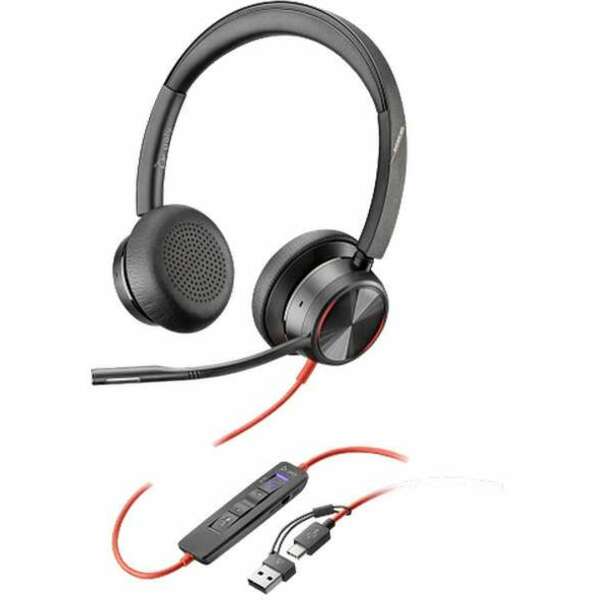 POLY Blackwire 8225 Stereo MS Teams Cert USB-C Headset + USB-CA Adapter, Black (8X225AA)
