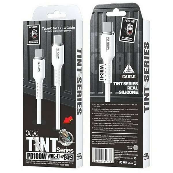 WEKOME Kabl 3.1 USB tip C M/M 1.2m, za Superbrzo punjenje 100W/480Mbps, Silicon Soft, beli WDC-11