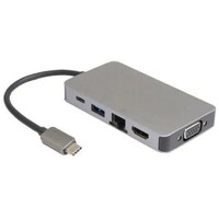 E-GREEN Adapter USB 3.1 tip C (M) - HDMI+VGA + 2 x USB3.0 + RJ45 + tip C (F) sivi