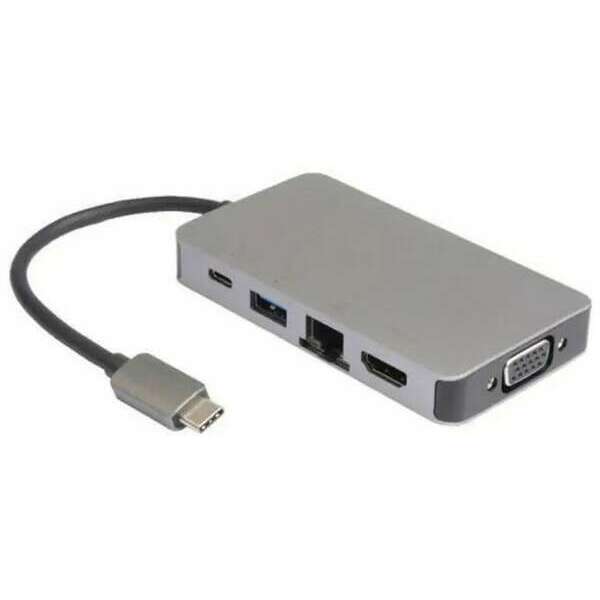 E-GREEN Adapter USB 3.1 tip C (M) - HDMI+VGA + 2 x USB3.0 + RJ45 + tip C (F) sivi