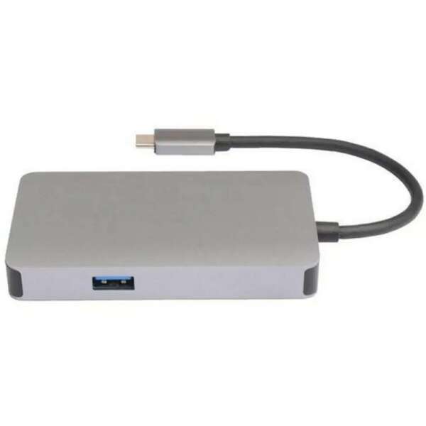 E-GREEN Adapter USB 3.1 tip C (M) - HDMI+VGA + 2 x USB3.0 + RJ45 + tip C (F) sivi