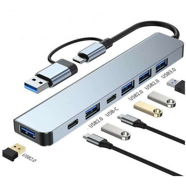 E-GREEN Adapter 8 u 2, Tip C/USB 3.0 - USB 3.0 + 3xUSB2.0+3.5mm audio+SD/TF+USB-C