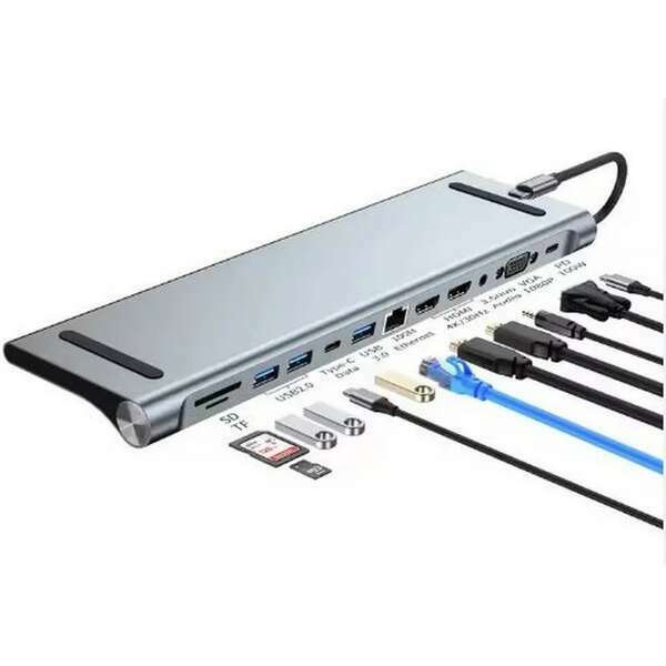 E-GREEN Adapter USB 3.1 tip C (M) - 2 x HDMI + VGA + 3 x USB 3.0 + 2 x tip C + RJ45 (F) + SD/TF + PD 100W (12 u 1)