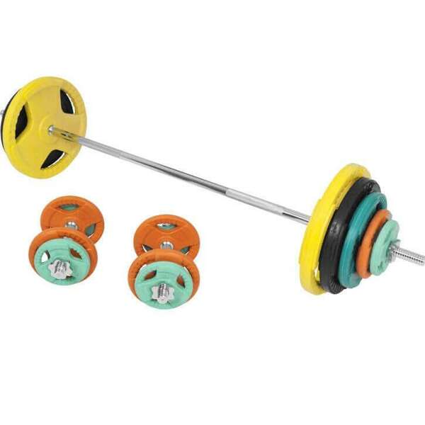 GORILLA SPORTS Duga sipka sa zvezdastim maticama + Gumirani diskovi + 2 Bucice (ukupno 100 kg)