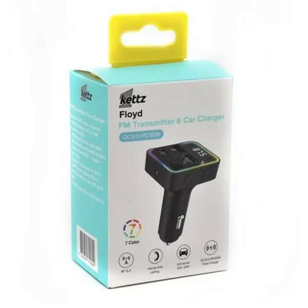 KETTZ FM Transmiter i Punjac Floyd – 2×USB QC3.0 + Type-C PD30W, LED