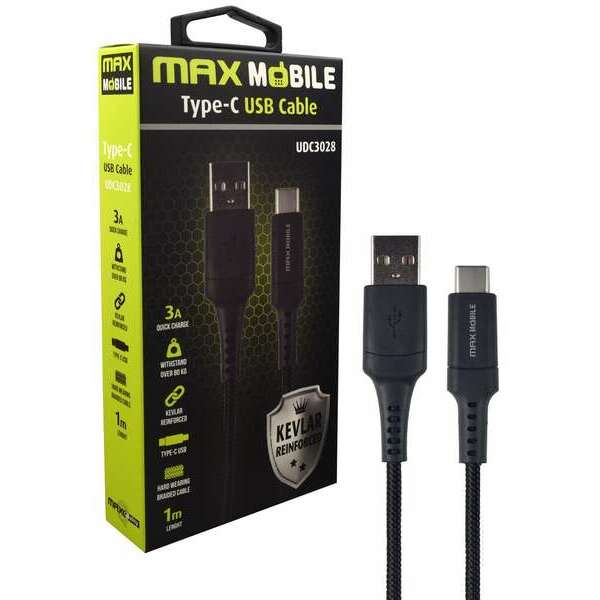 MAX MOBILE  USB 2.0 TYPE C UDC3028 KEVLAR BLACK QC 3A 1m