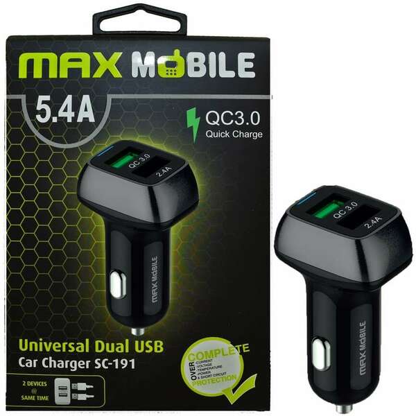 MAX MOBILE USB DUO SC-191 QC 3.0,27W QUICK CHARGE 5.4A