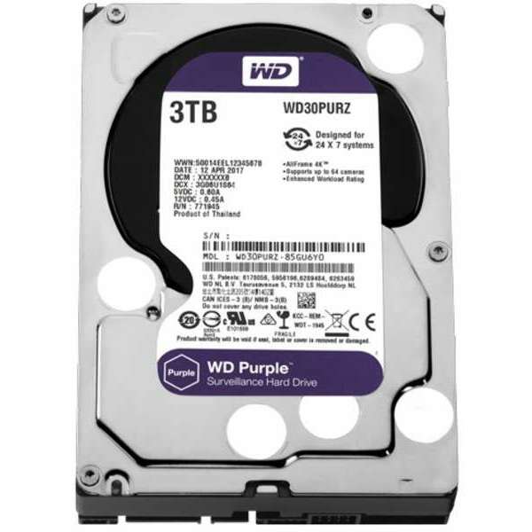 WD 3TB 3.5 SATA III 64MB IntelliPower WD30PURZ Purple