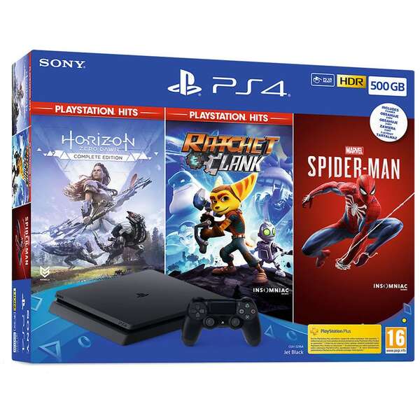 PlayStation PS4 500GB Slim Hits Bundle: Spider-Man+ Horizon Zero Dawn Complete Edition + Ratchet&Clank