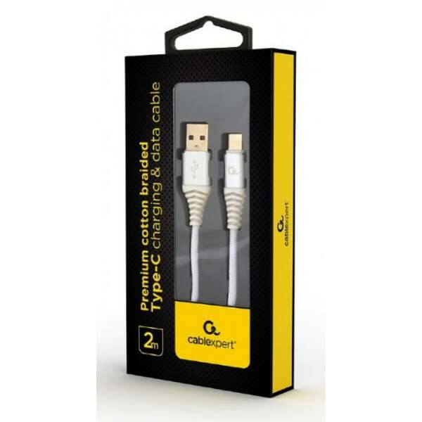 GEMBIRD Premium cotton braided Type-C USB charging and data cable 2m silver/white