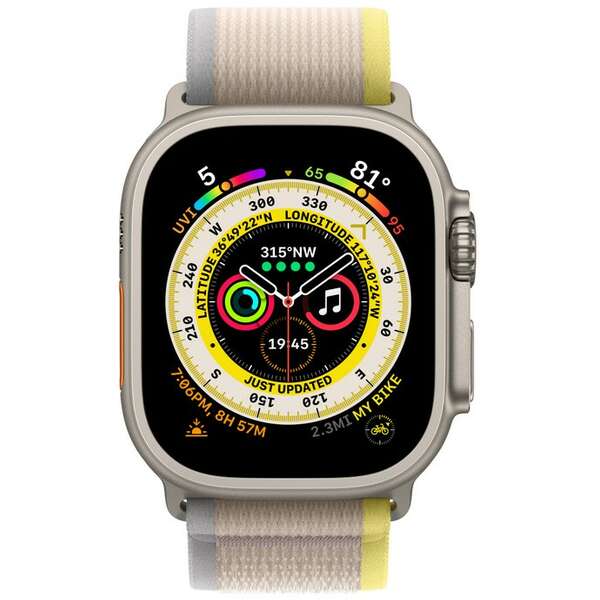 APPLE Watch Ultra GPS + Cellular 49mm Titanium Case with Yellow/Beige Trail Loop - M/L mqfu3se/a 