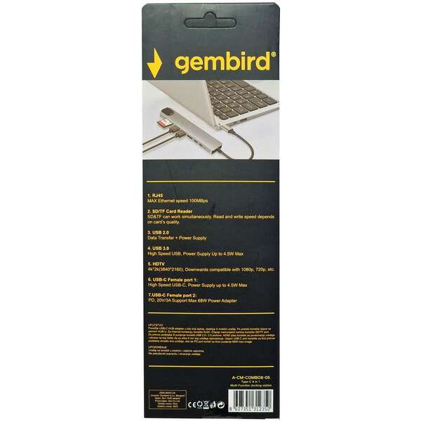 GEMBIRD A-CM-COMBO8-05 USB HUB Type-C 8-in-1 multi-port adapter USB-C+USB-A+HDMI+PD+card+RJ45