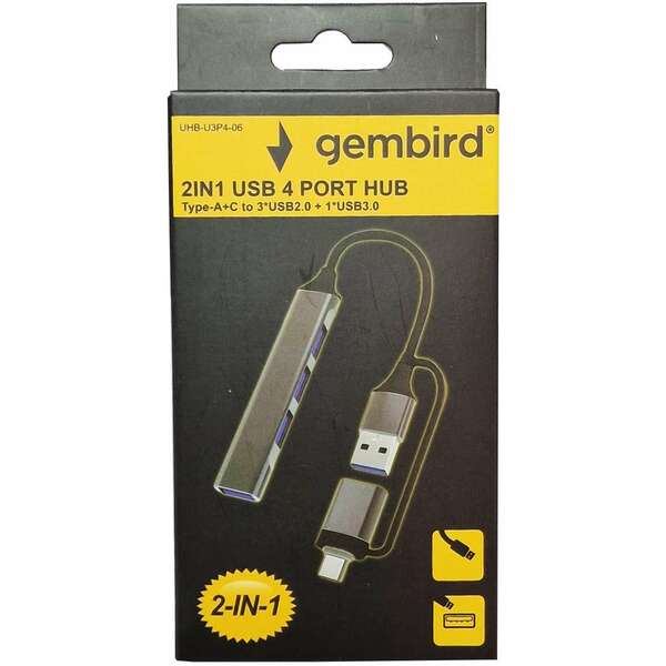 GEMBIRD UHB-U3P4-06 HUB Type-A+C to 3xUSB2.0 + 1 USB3.0 Aluminum