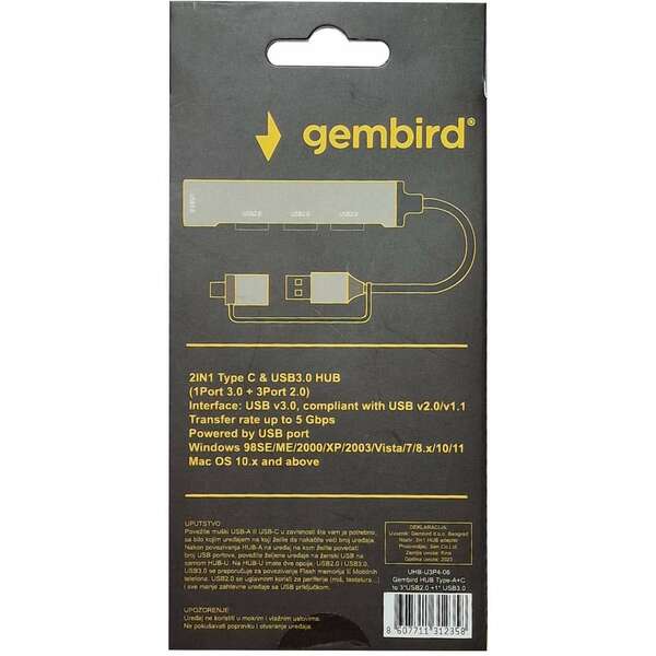 GEMBIRD UHB-U3P4-06 HUB Type-A+C to 3xUSB2.0 + 1 USB3.0 Aluminum
