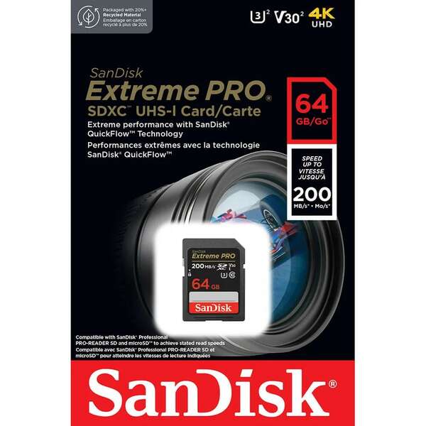 SANDISK SDHC 64GB Extreme Pro 200MB/s UHS-I Cass10 U3 V30