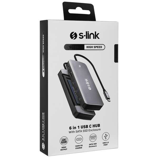 S-LINK SWV-USBC036 6U1 TIP C HUB-HDMI,USB3.0,PD3.0,TIP C 3.1,SSD