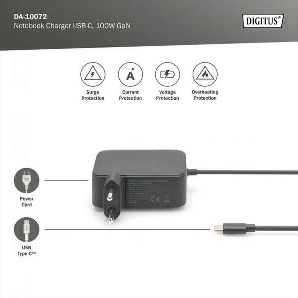 DIGITUS Univerzalni GaN USB-C punjac 100W 1.2m crni