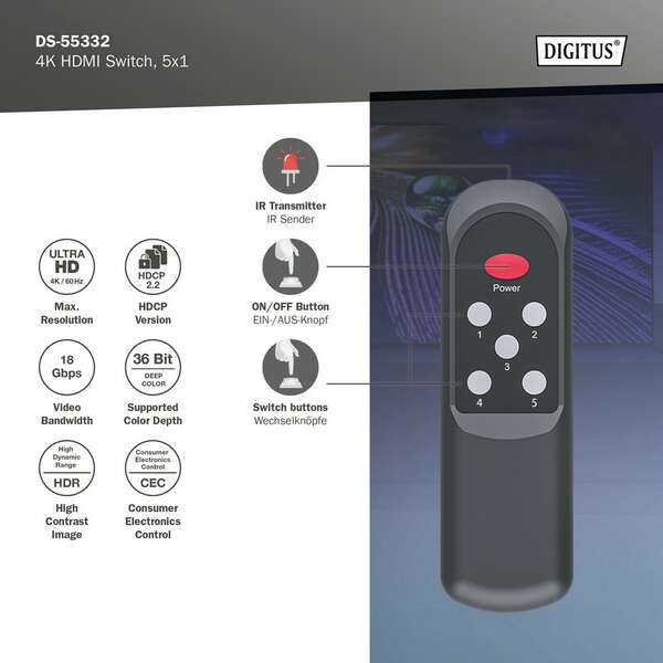 DIGITUS HDMI switch 5x1 4K 60Hz