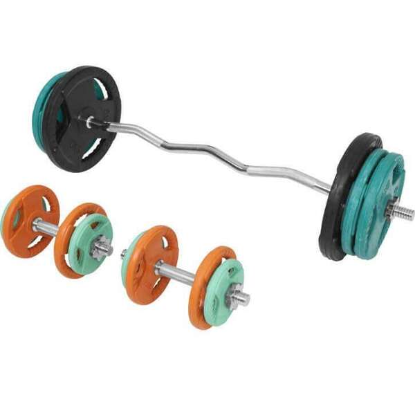 GORILLA SPORTS Kriva EZ sipka sa zvezdastim maticama + Gumirani diskovi + 2 Bucice (ukupno 70 kg)