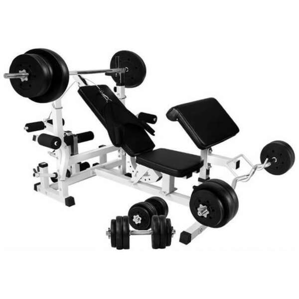 GORILLA SPORTS Multifunkcionalna benc klupa dodacima za vezbanje i tegovima 100 kg (Bela)