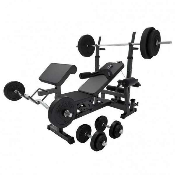 GORILLA SPORTS Multifunkcionalna benc klupa dodacima za vezbanje i tegovima 100 kg (Crna)