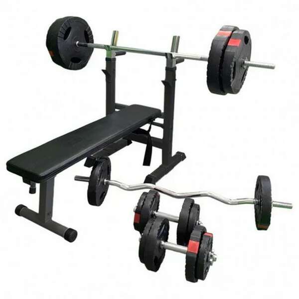 GORILLA SPORTS Podesiva benc klupa sa stalkom i setom tegova 100 kg crna