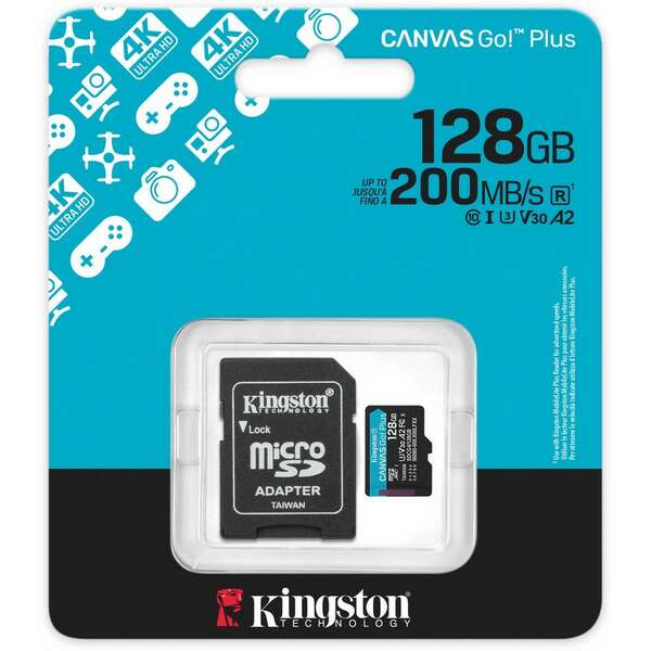 KINGSTON CanvasGo!Plus SDCG4, MicroSD 128GB+adapter, UHS-I, Class 10 