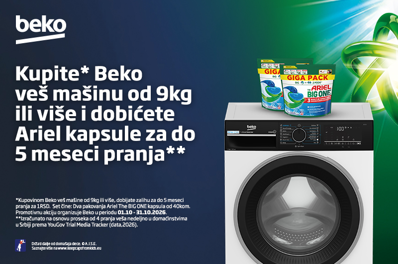 Beko veš mašine kapaciteta 9 kg + 2 x Ariel The Big One od 40 komada